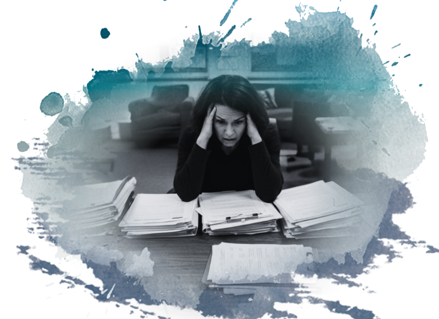 Confused woman surrounded by paperwork